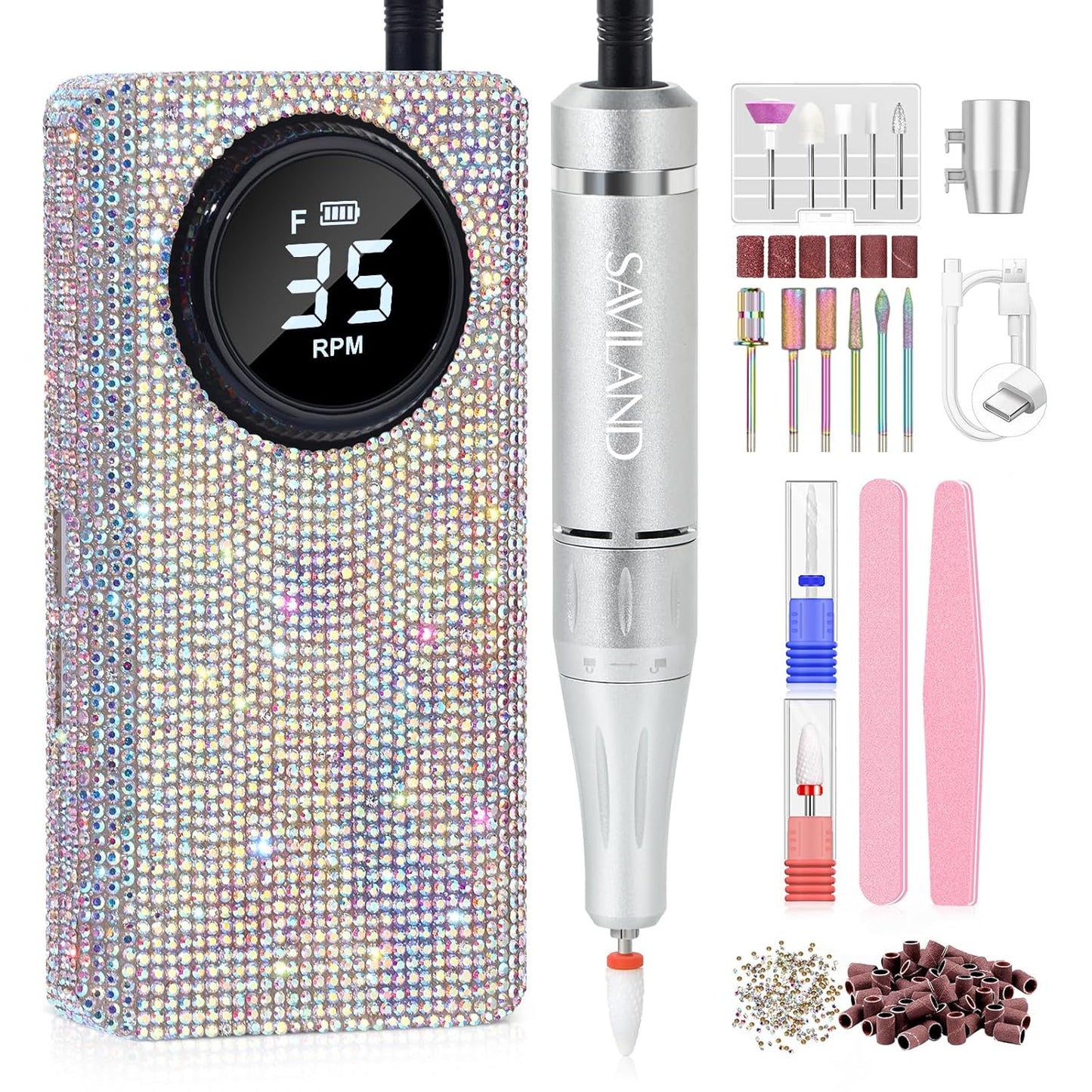 SAVILAND Professionl Nail Drill Kit: 35000RPM Rhinestones Nail Drill for Nails Electric Nail File Professional Portable Efile with Drill Bits Nails Filer Buffer Salon Home Manicure Pedicure