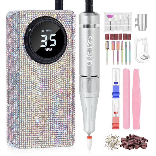 SAVILAND Professionl Nail Drill Kit: 35000RPM Rhinestones Nail Drill for Nails Electric Nail File Professional Portable Efile with Drill Bits Nails Filer Buffer Salon Home Manicure Pedicure