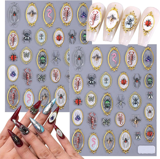 2 Sheets Nail Stickers for Nail Art, Spring Summer 5D Embossed Insect Nail Decals Centipede Spider Butterfly Golden Edge Design Self-Adhesive Nail Supplies Nail Art Accessories