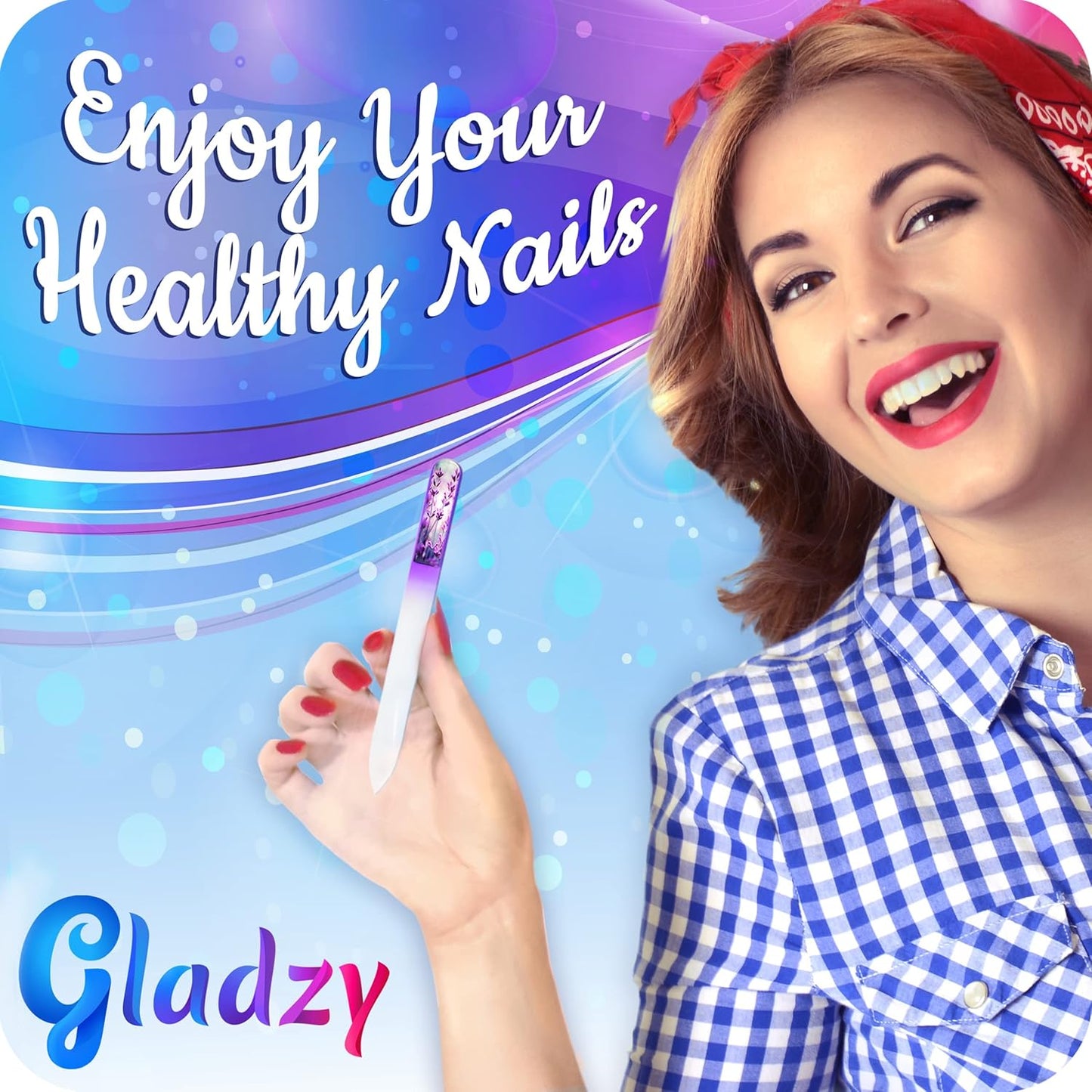GLADZY 3D Czech Glass Nail File with Case – Crystal Nail File for Natural Nails, Double Sided Dual Grit Coarse & Smooth Etched Surface, Comfort 3D Grip Handle, Professional Manicure Tool, Made in EU