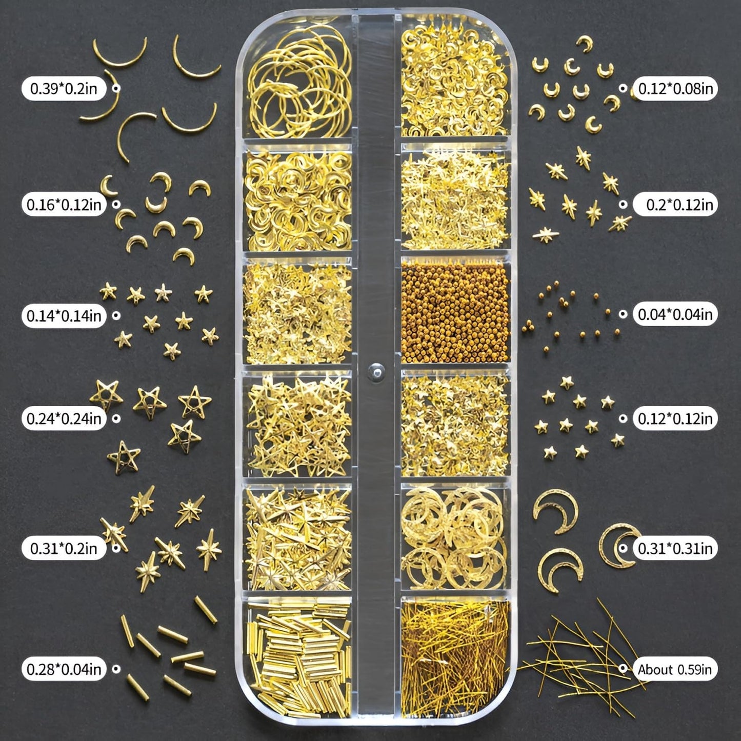 24 Grid Gold Nail Art Charms Moon Star Nail Charms and Gems Gold Nail Rhinestone for Decorations Manicure Supplies Accessories DIY Nail Art Makeup Decoration