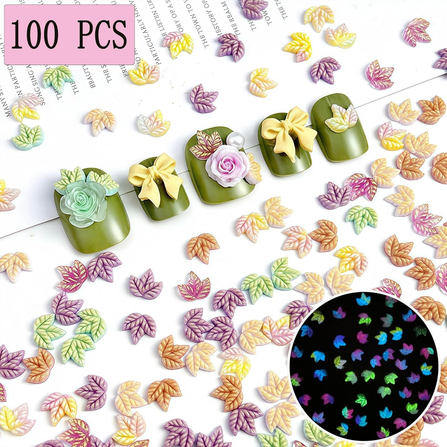 100 Pcs Luminous Fall Nail Art Charms Mixed Color Resin Maple Leaves Nail Charms 3D with Night Light Fall Leaves Designs Nail Accessories Autumn Charms for Acrylic Nails DIY Thanksgiving Nail Supplies