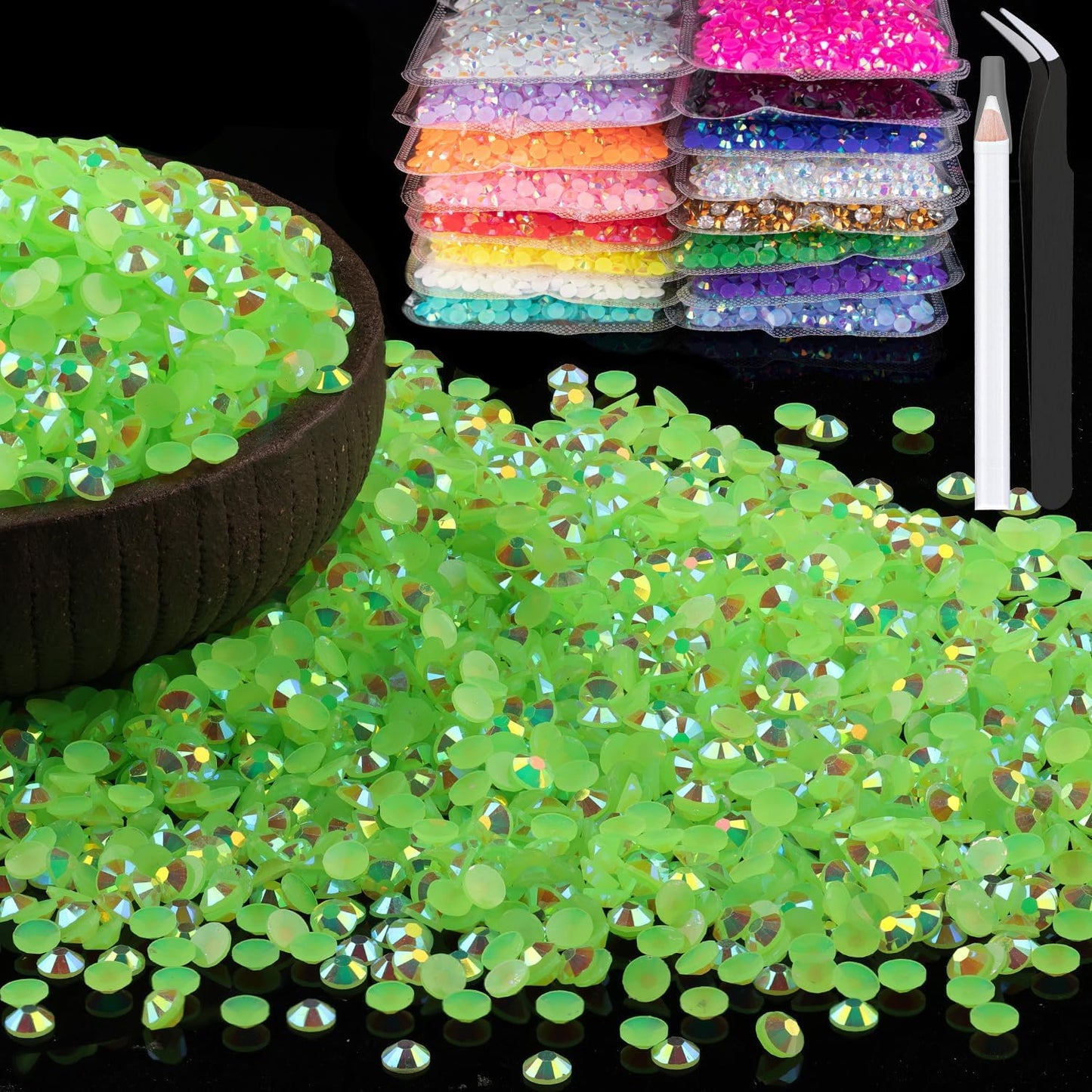 6000pcs 4mm Resin Rhinestones Bulk, Fluorescent Green AB Flatback Round Jelly Rhinestones Non Hotfix Crystal Gems Large Quantity Wholesale for DIY Crafts Clothes Face Makeup Manicure