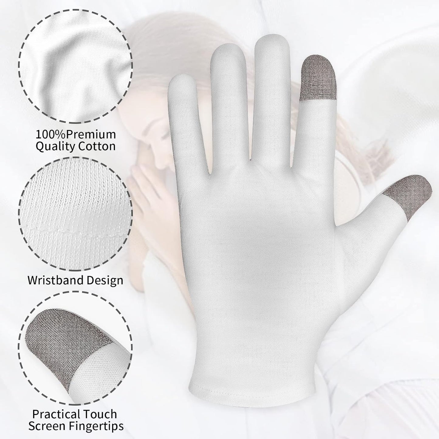 Sibba 3 Pairs Touch Screen Moisturizing Gloves White Cotton Moisturizing Gloves Overnight Bedtime Heal Eczema Sleeping Lotion Hand Spa Treatment Gloves Repair Rough Cracked Dry Chapped Hands Skin