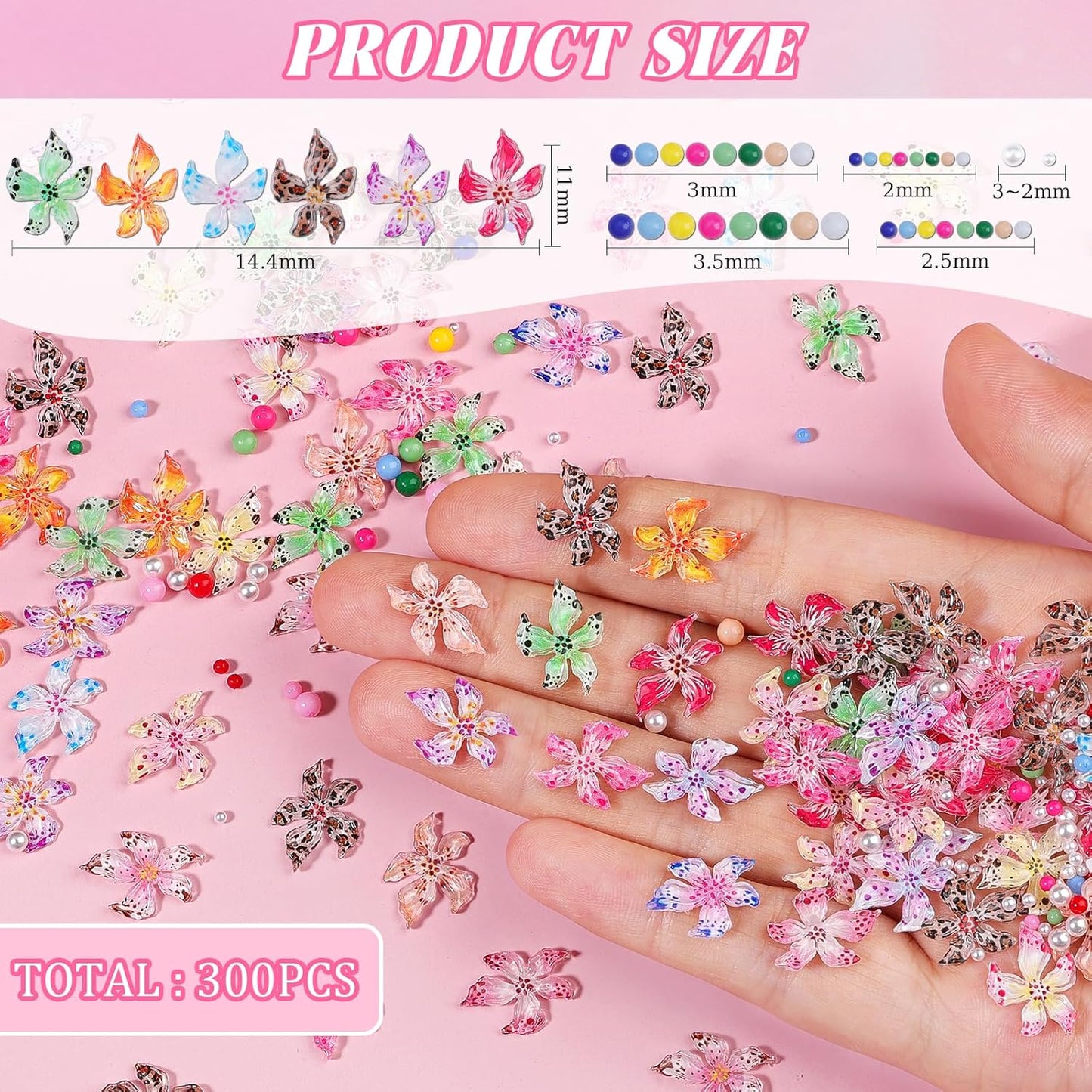 300Pcs Flower Nail Charms Kit, 100Pcs 3D Hawaii Flowers and 100Pcs Nail Pearls with 100Pcs Macaron Beads, Colorful Hibiscus Floral Charms Tiny Gems Round Beads for Nails Designs DIY Crafts