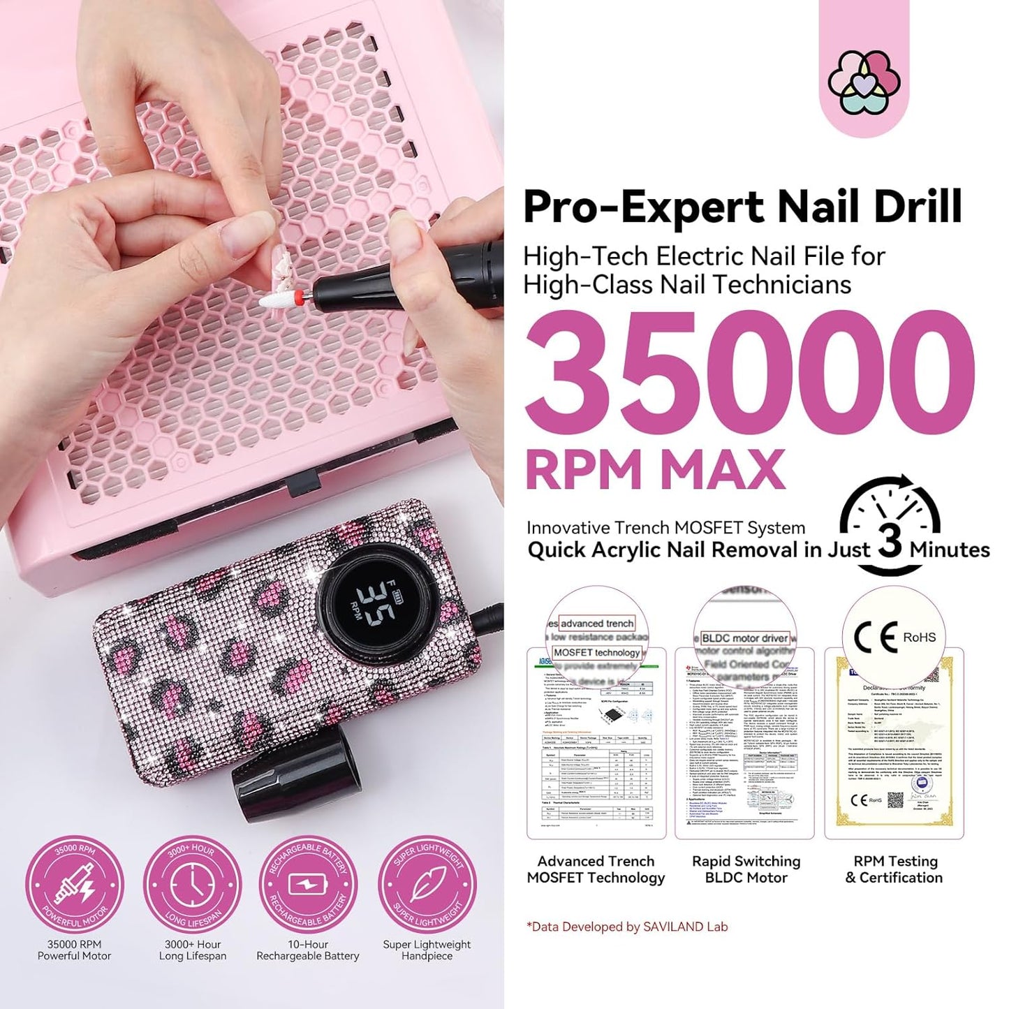 SAVILAND Professional Nail Drill for Nails Tech: Charming Pink Leopard Print 35000RPM Electric Acrylic Nail Drill Kit with 13 Drill Bits Rechargeable E-File Machine Expert Manicure Pedicure Salon Use