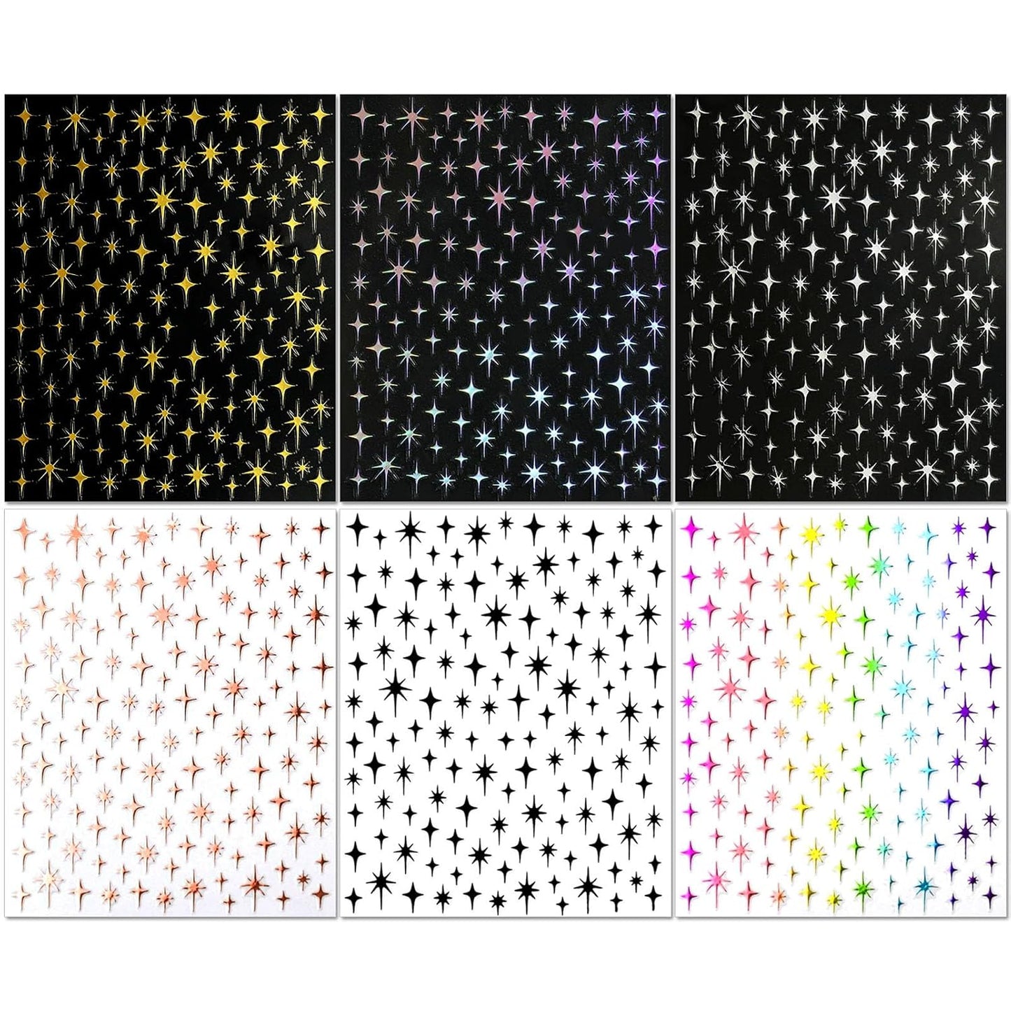 Star Nail Art Stickers - Colorful Shiny Starlight Self-Adhesive Glitter Sparkle Nail Decals for DIY Silver Gold White Black Manicure (6 Sheets)