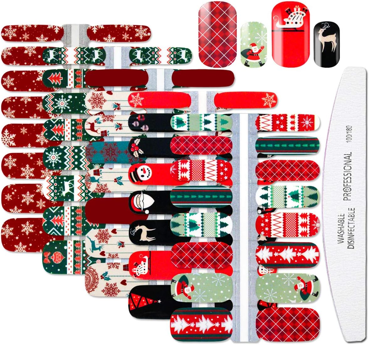 WOKOTO 5 Sheets Christmas Adhesive Nail Art Polish Stickers Tips with 1Pc Nail File Nail Wraps Decals Strips Set Manicure Holiday Pack