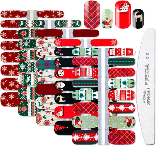 WOKOTO 5 Sheets Christmas Adhesive Nail Art Polish Stickers Tips with 1Pc Nail File Nail Wraps Decals Strips Set Manicure Holiday Pack