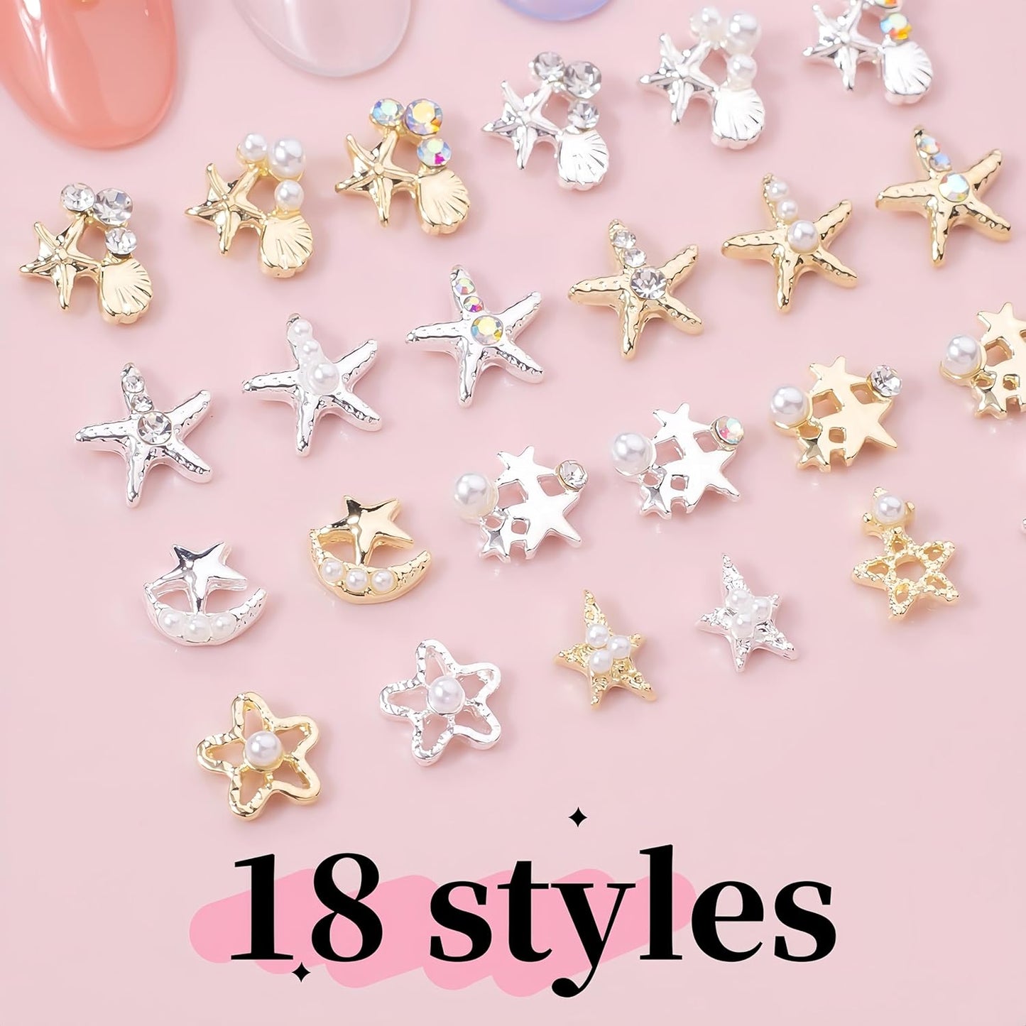18Pcs Mixed Color 3D Starfish Nail Charms Alloy Summer Beach Nail Art Rhinestones Ocean Theme Shell with Flatback Pearls Caviar Beads Designs Nail Charms Summer Beach DIY Crafts Manicure Decoration