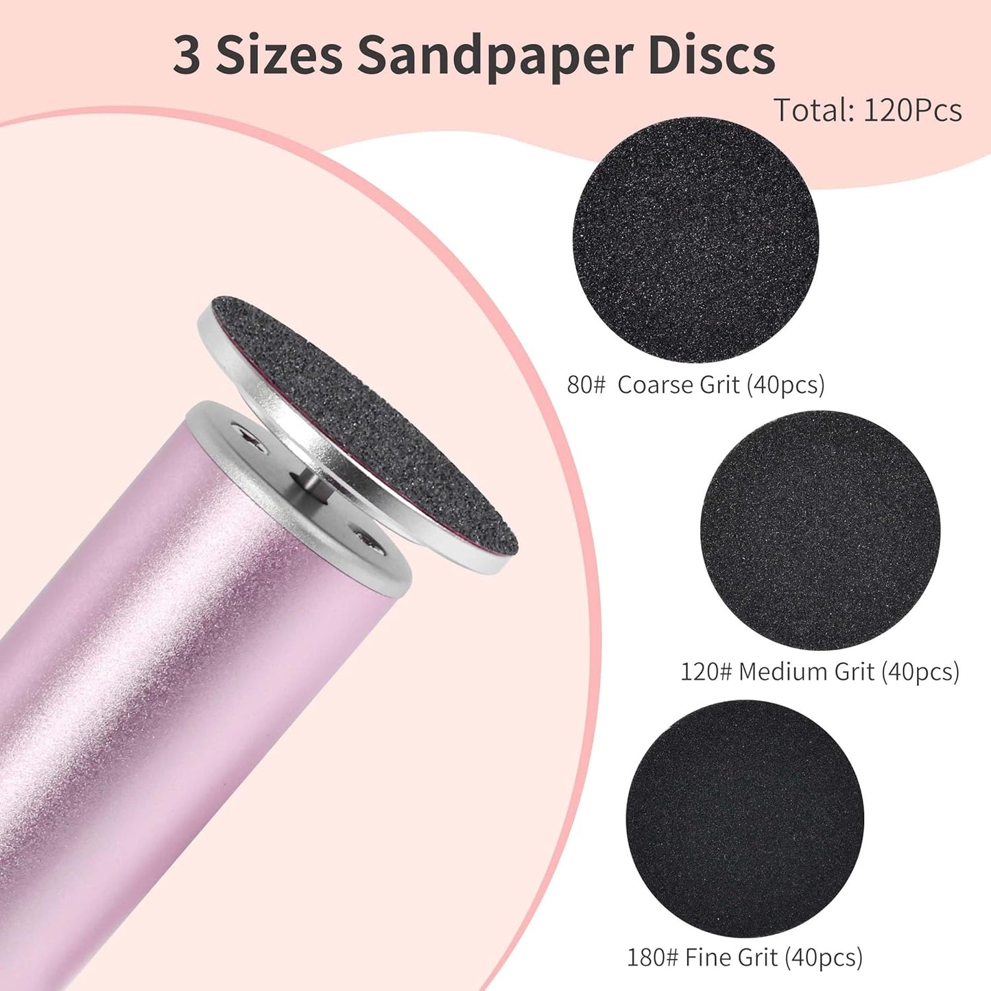 Rechargeable Electric Foot Callus Remover with 3-Sizes 120Pcs Sandpaper Discs, Professional 900RPM 3-Speed Control Aluminum Electric Foot File (E3 Rose Pink)