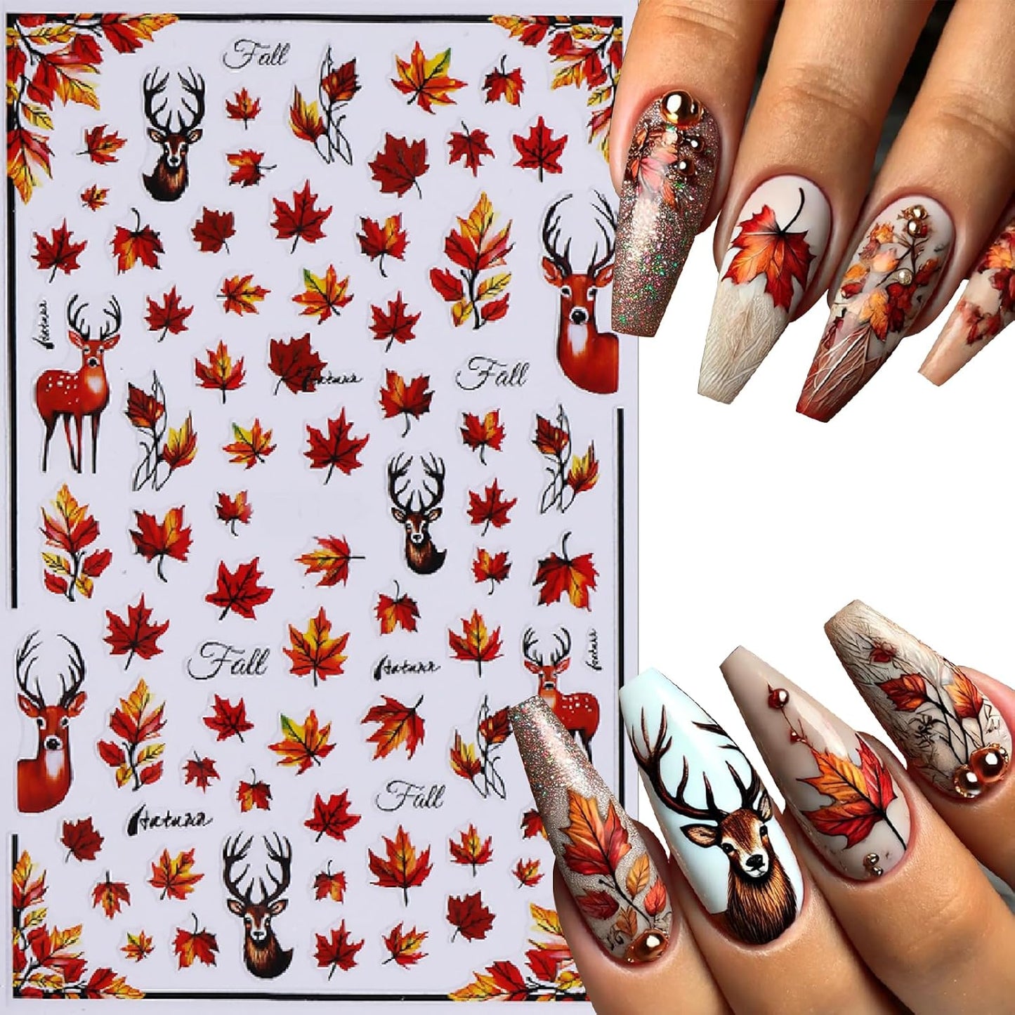 Fall Maple Leaf Nail Art Stickers Autumn Leaves Mushroom Deer Design Self-Adhesive Nail Sticker Fox Pumpkin Wheat Ears Nail Decals for Nails Women Girls Thanksgiving Day DIY Manicure Decor 6 Sheets