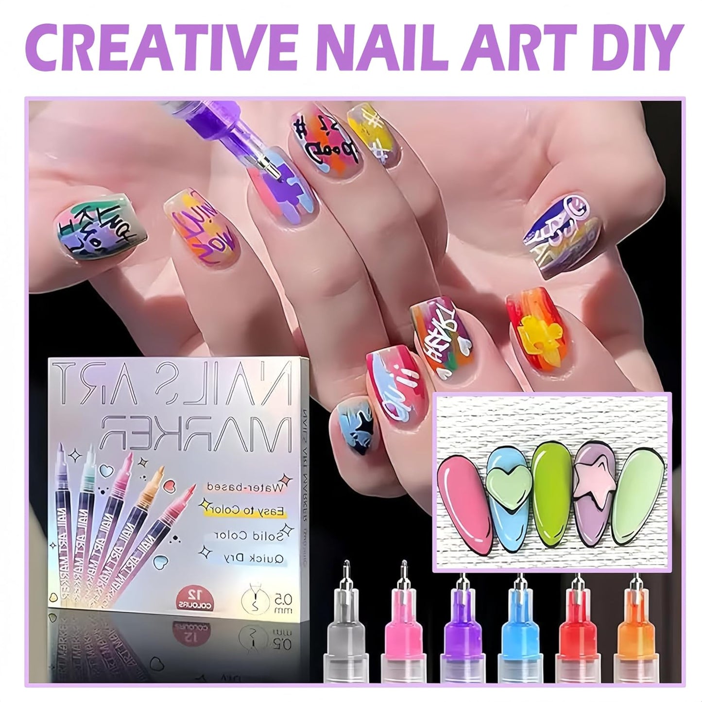 12 Color Nail Art Markers for Gel Nails,Nail Art Pens Set DIY Nail Art Marker 3D Nail Polish Pens, Quick Dry Dotting Point Liner Pens for DIY Nail Art Drawing Painting Tools (12 Colors)