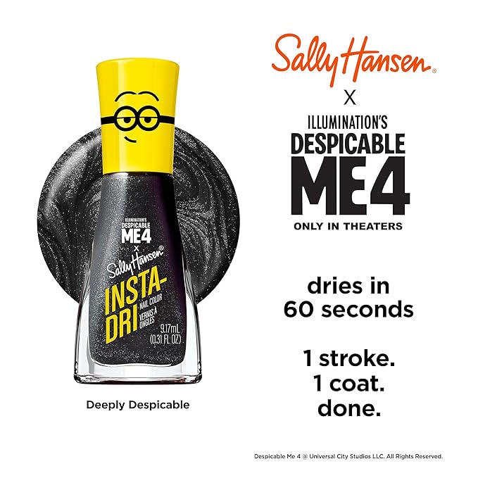 Sally Hansen Insta-Dri Despicable Me Nail Polish | Quick Dry, Long Lasting, Streak-Free Shine | Opaque, Glittery | 772 Deeply Despicable | Black Shimmer Nail Color