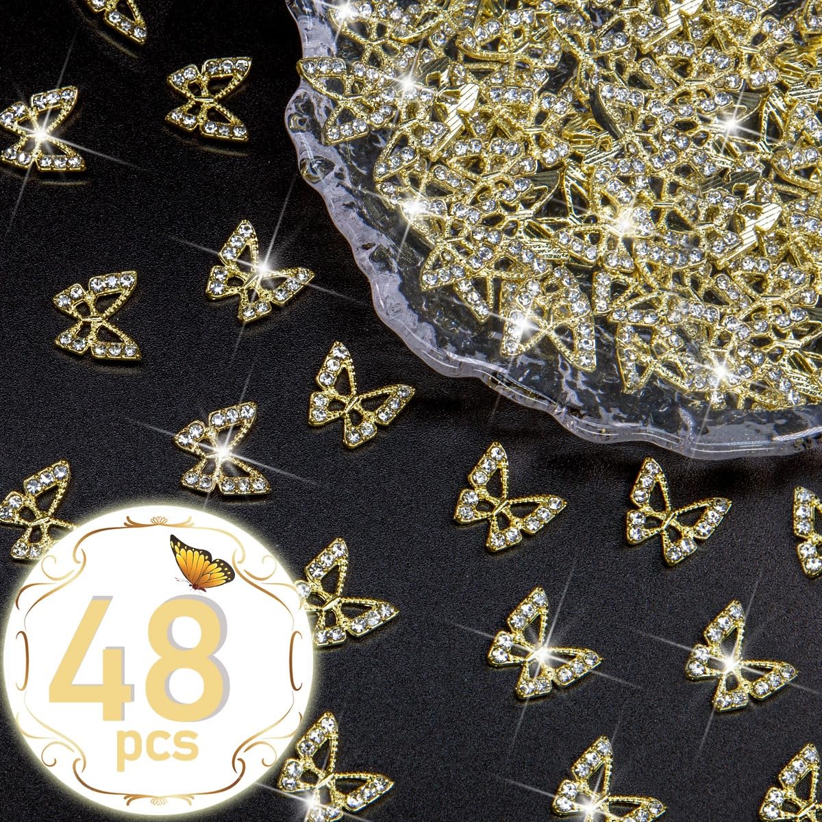 Golden Butterfly Nail Charms Bulk 48pcs 3D Gold Butterflies Charms for Acrylic Nails, Nail Rhinestones Charms Alloy Studs Nail Art Jewels Diamonds Gems Decor Supplies for Nails Face Makeup DIY
