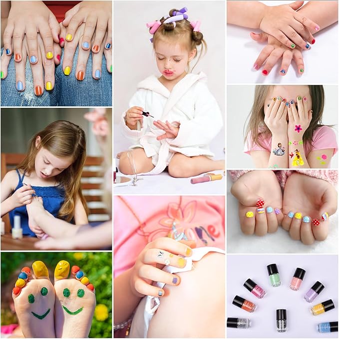 Kids Nail Polish for Girls with Gems Stickers, Non-Toxic Peel-Off Quick Dry Mini Nail Polish 9 Colors Set for Ages 3+