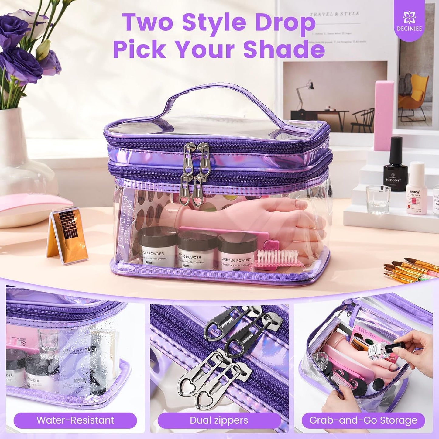 Nail Kit for Beginners with Everything: Professional Nail Acrylic Powder Liquid Set with Practice Hand Drill U V Light in Cosmetic Bag for Women Salon Home(Purple)