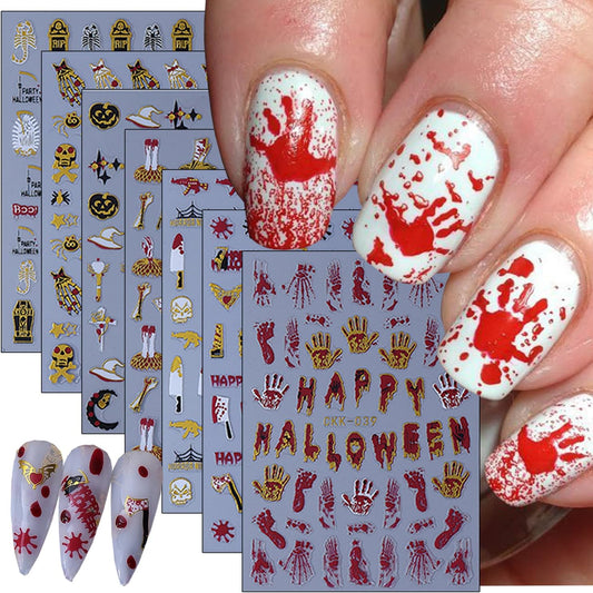 10 Sheets Halloween Nail Art Stickers Decals 3D Skeleton Pumpkin Spider Knife Etc Self-Adhesive Designs Nail Decals Supply Red Gold Skull Cross Nail Stickers for Women DIY Manicure Decoration