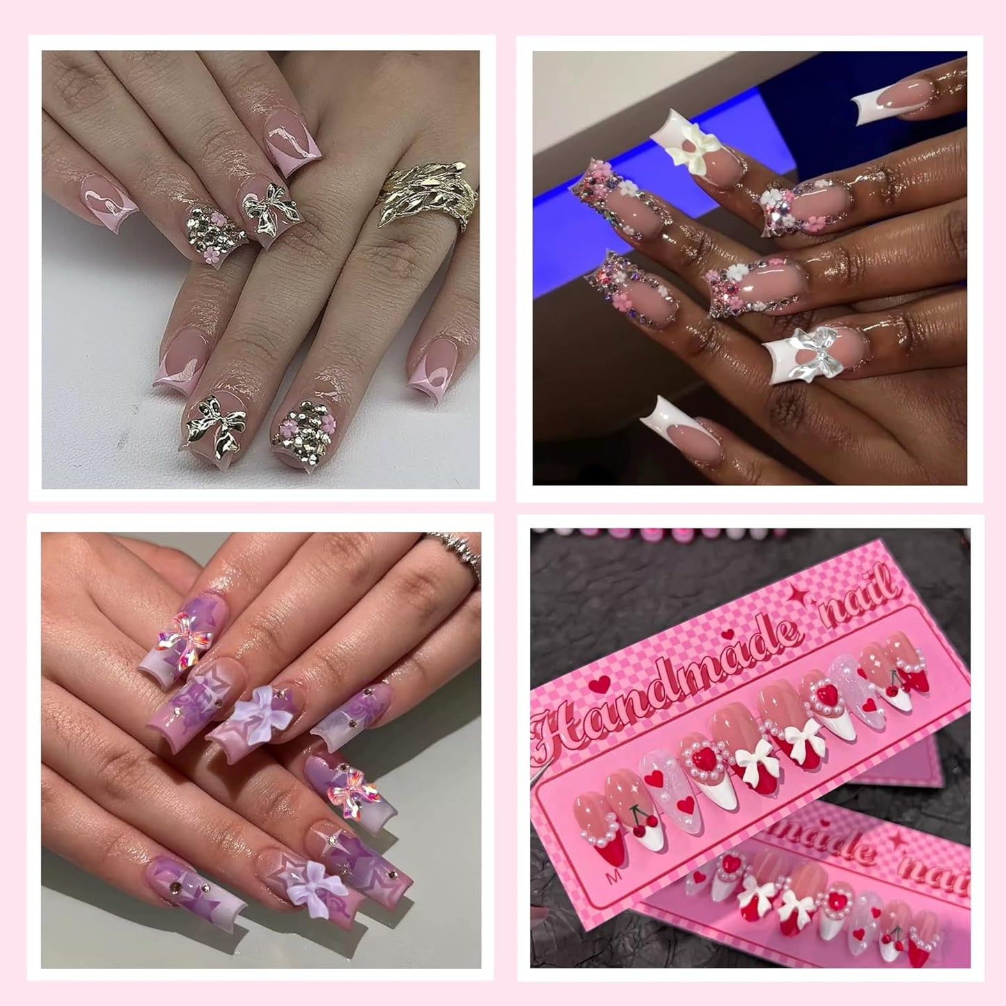 3D Bow Nail Charms Kit, Cute Pink Flowers White Flatback Pearl Charms for Nails, Gold Nail Bows Charms Nails Design for Women Manicure DIY Crafts Art Accessories