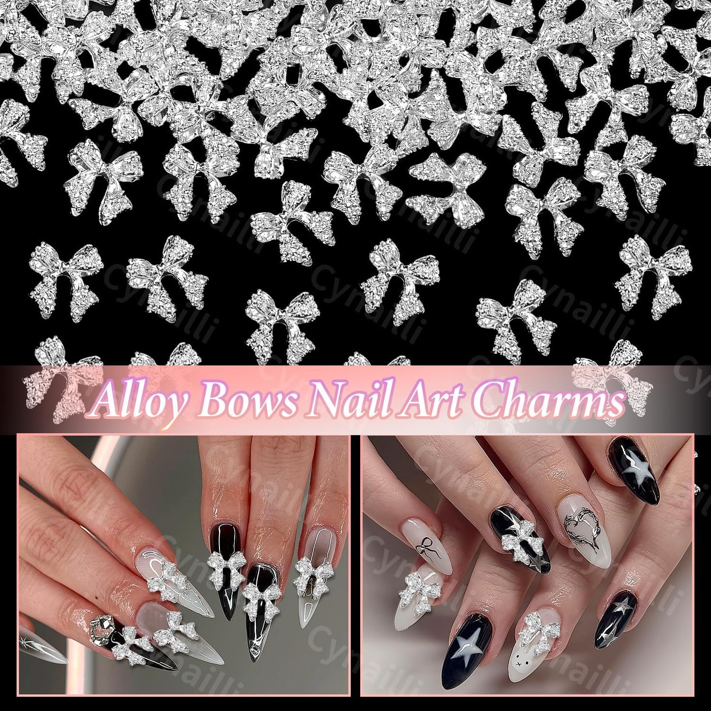 80 Pcs Silver Alloy Bow Nail Charms, 1011mm, Ideal for Nail Art, DIY Accessories