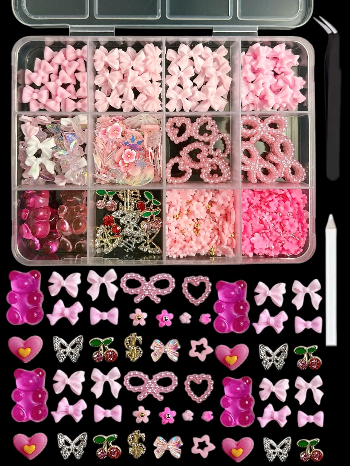 3D Pink Flower Nail Charms Y2K, Cute Resin Bear Star Heart Bow Nail Art, Gold Silver Butterfly Cherry Charms Nail Design for Women Nail Art Accessories Manicure DIY Crafts