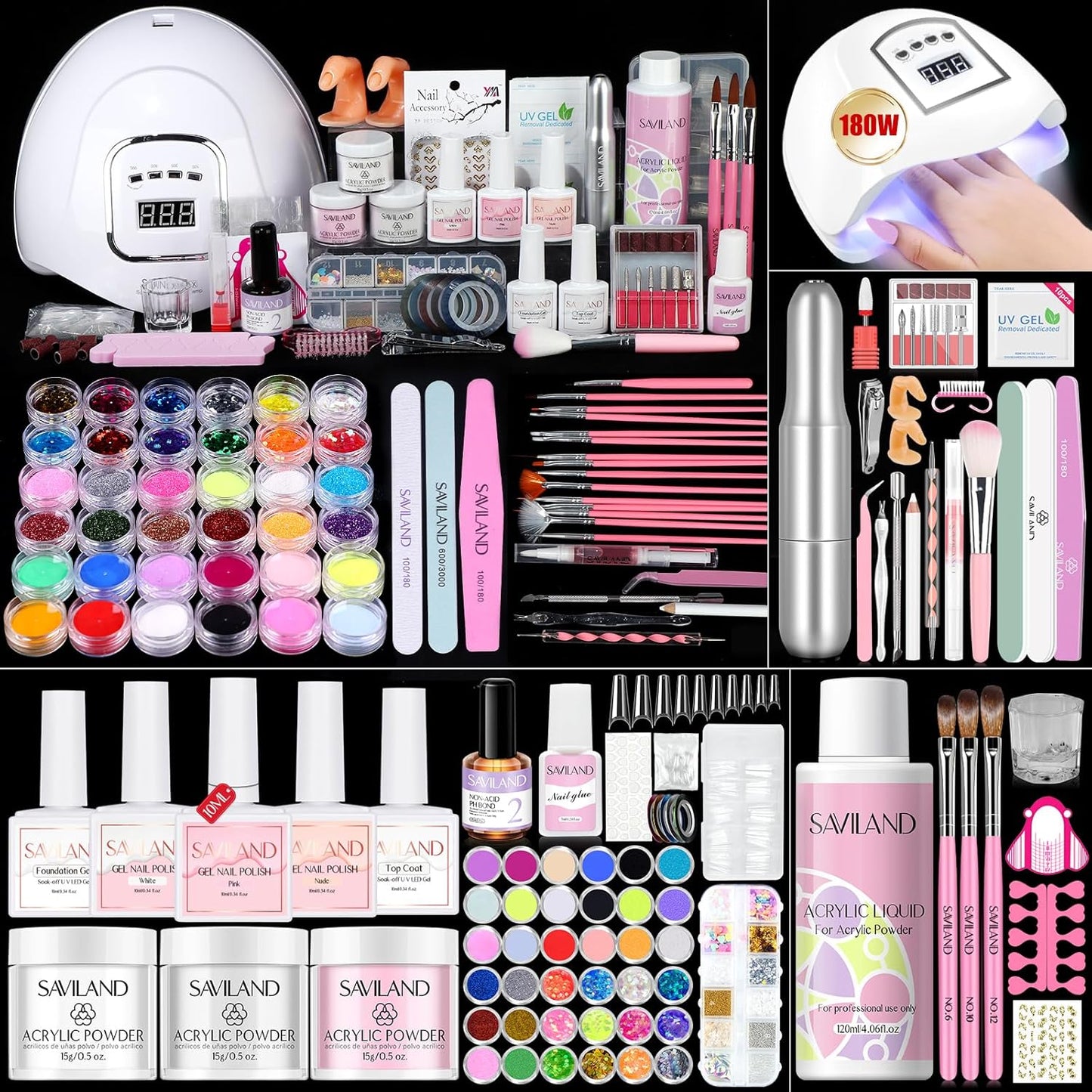 Saviland Acrylic Nail Kit for Beginners: Keratin Acrylic Powder Castor Oil Vitamin E Gel Nail Polish Primer 180W Nail Lamp Nail Drill Full Tools Everything Home Starters