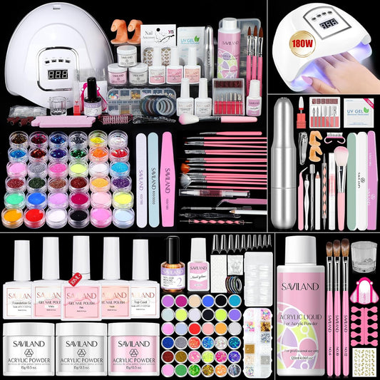 Saviland Acrylic Nail Kit for Beginners: Keratin Acrylic Powder Castor Oil Vitamin E Gel Nail Polish Primer 180W Nail Lamp Nail Drill Full Tools Everything Home Starters