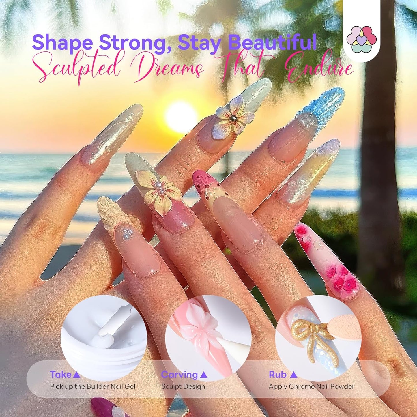 SAVILAND White Solid Builder Nail Gel Kit: Non-Sticky 60 g Sculpture Gel for Nail Art with Chrome Powder Sequins Sculpture Pen Non-Wipe Extensions 3D Nails Art Designs DIY Home