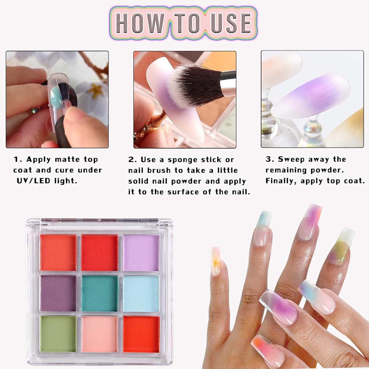 9 Colors Nail Pigment Palette Gradient Ombre Nail Powder Set for DIY Manicure Beginners - Perfect Nail Design with Ultra Fine Powder - Includes 5 Sponge Sticks 1 Brush #06