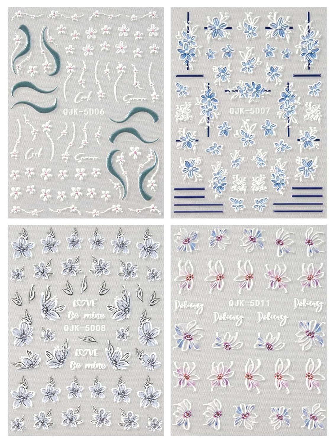 JMEOWIO 3D Embossed Spring Flower Nail Art Stickers Decals Self-Adhesive Pegatinas Uñas 5D Colorful Summer Floral Nail Supplies Nail Art Design Decoration Accessories 4 Sheets