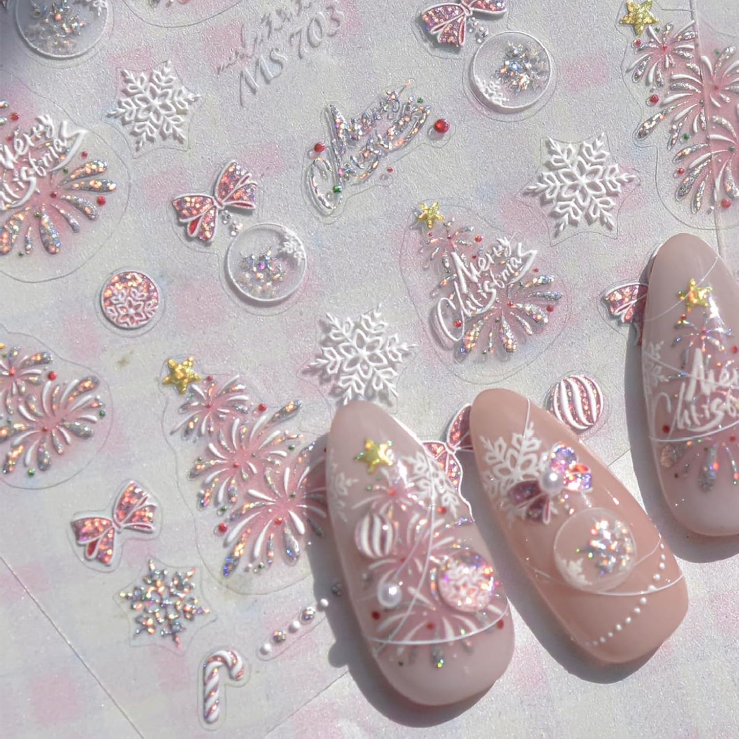 1 Sheets Pink Fireworks Christmas Tree Nail Art Stickers 5D Embossed Christmas Bow Nail Stickers Pink Glitter Snowball Tree Nail Decals Acrylic Nail Supplies for Women Girls DIY Nail Decoration