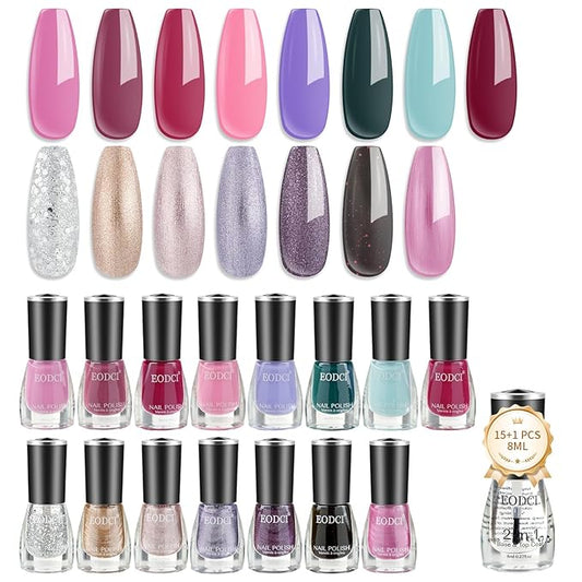 16 PCS Nail Polish Set, 15 Colors Quick Dry Nail Polish Kit With 2in1 Base/Top Coat Purple Pink Glitter Gold Sliver Finger Nail Polish Pack Glossy Toenail Polish DIY Gifts for Women