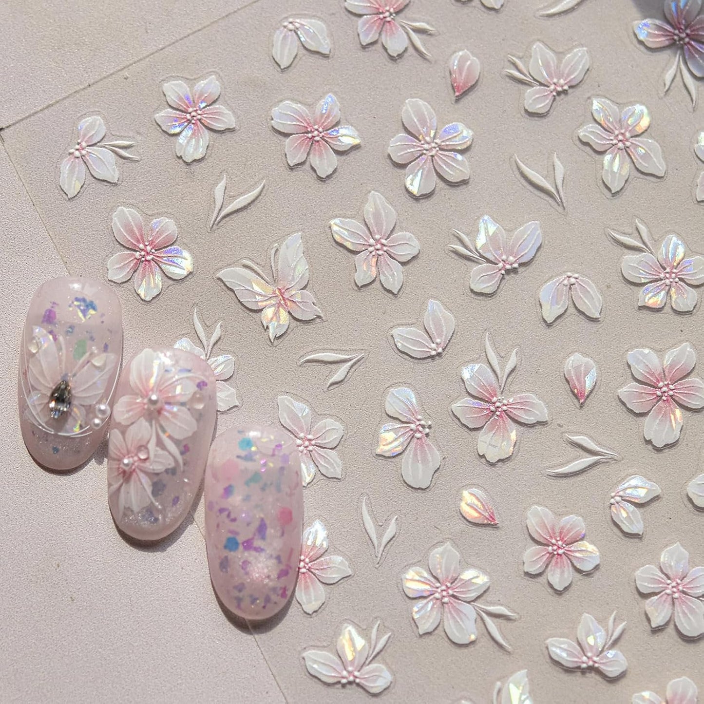 1 Sheet of Pink Flower Nail Stickers, Aurora Gradient Floral Nail Art Stickers, 5D Embossed Self-Adhesive Nail Decals for Women DIY Spring Floral Manicure Decoration Supplies
