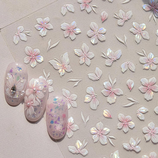 1 Sheet of Pink Flower Nail Stickers, Aurora Gradient Floral Nail Art Stickers, 5D Embossed Self-Adhesive Nail Decals for Women DIY Spring Floral Manicure Decoration Supplies