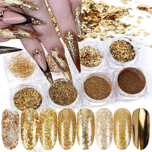 Holographic Gold Glitters Nail Art Sequins 3D Flakes Decoration for Women Girls Manicure Tips DIY Acrylic Nails Supplies Shining Design Accessories (8 Boxes)