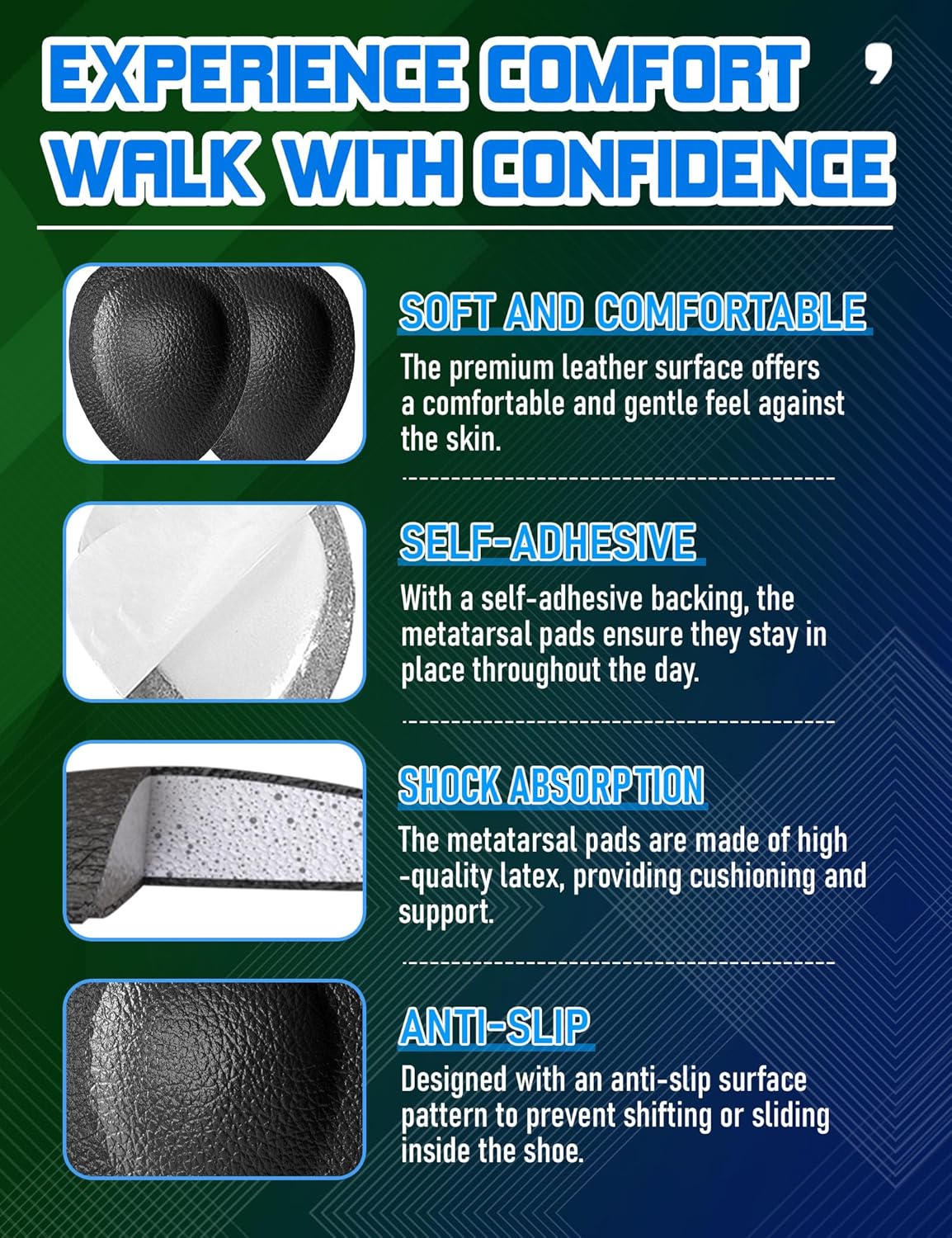 Metatarsal Pads for Men, Ball of Foot Cushions for Pain Relief, Comfortable Forefoot Support for Metatarsalgia and Morton's Neuroma, 1/3 Inch Thick Self-Adhesive Foot Pads, 3 Pairs L