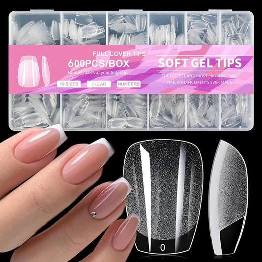 AddFavor 600pcs Short Coffin Nail Tips, Soft Gel Nail Tips x Short Ballerina Clear Fake Nails Full Cover Acrylic Nails Tips for Extension Nail Manicure Salon Home DIY