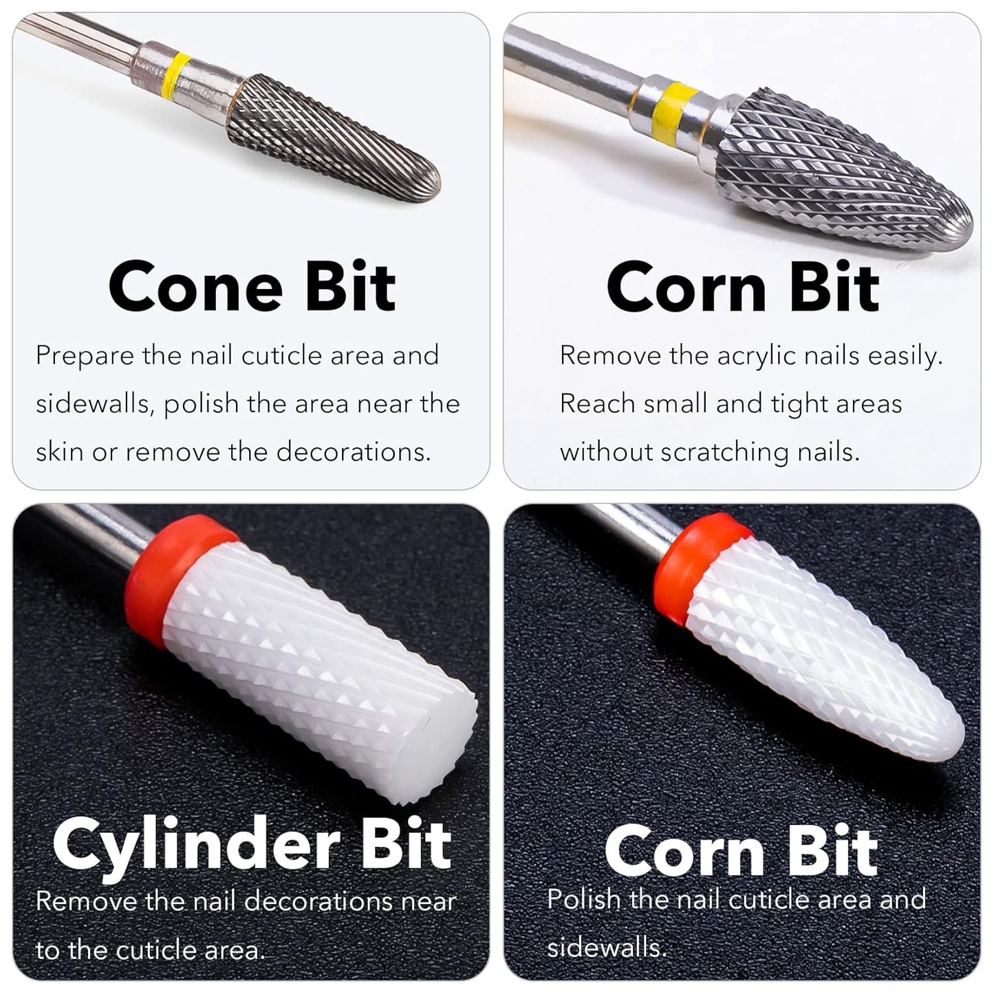 11 Pcs Ceramic Nail Drill Bits, 3/32 Inch Tungsten Alloy Professional Nail Drill Bits, Safety Diamond Bits, for Removing Gel Acrylic Cuticle Nail Drill for Manicure Pedicure