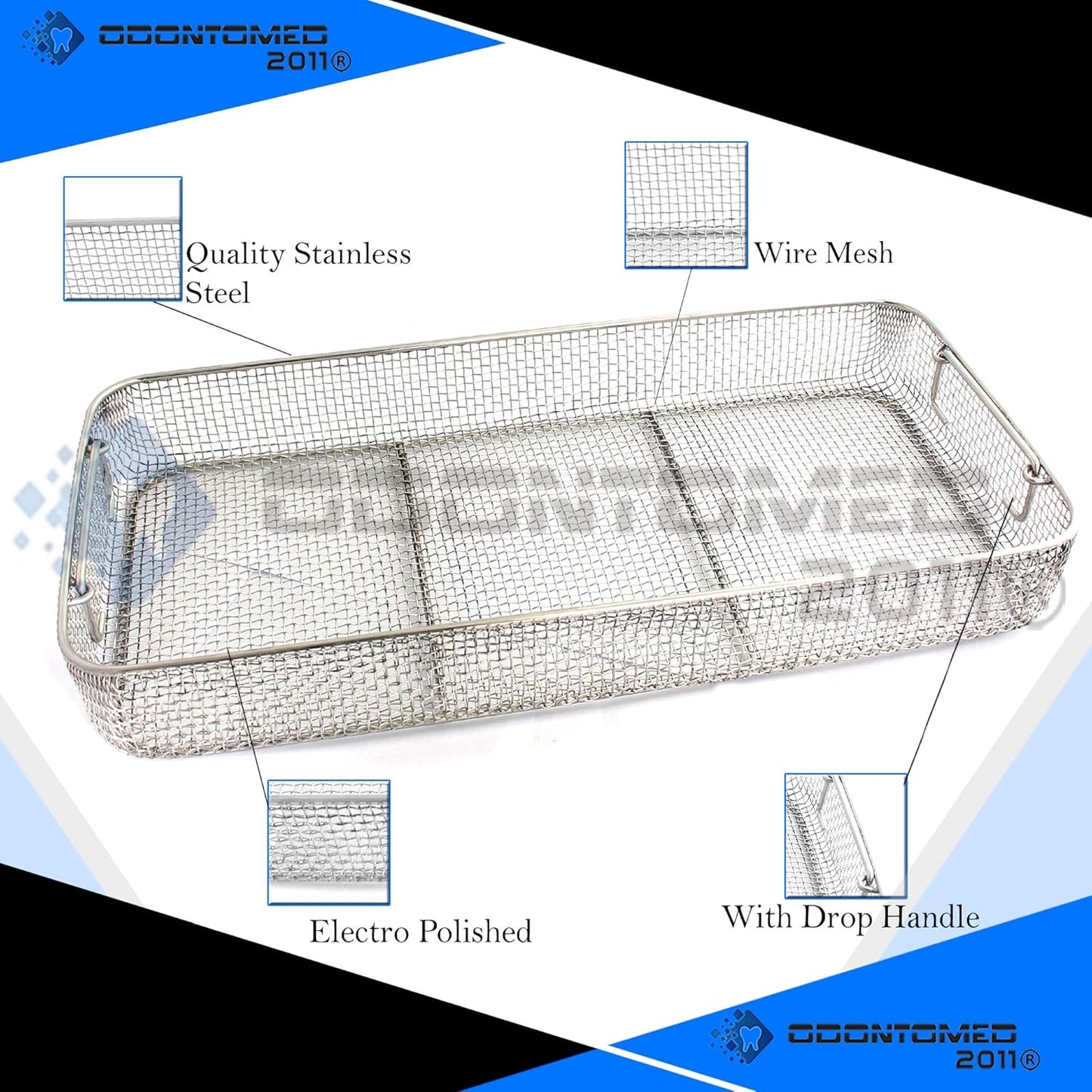 OdontoMed2011 Sterilizing Trays Micro Instruments Tray with Drop Handle 21" X 10" X 3" Wire Mesh Trays Perforated Baskets Stainless Steel DN-322