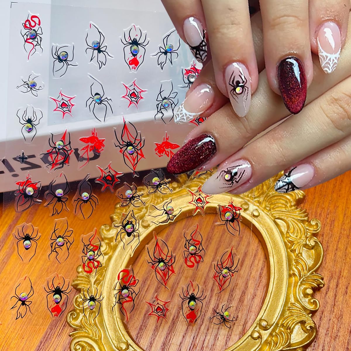 2 Sheets Halloween Nail Stickers Self Adhesive Spider Web Nail Art Stickers 5D Spider Rhinestones Nail Decals Gothic Halloween Nails Design DIY Holiday Manicure Supplies for Women Nails Accessories