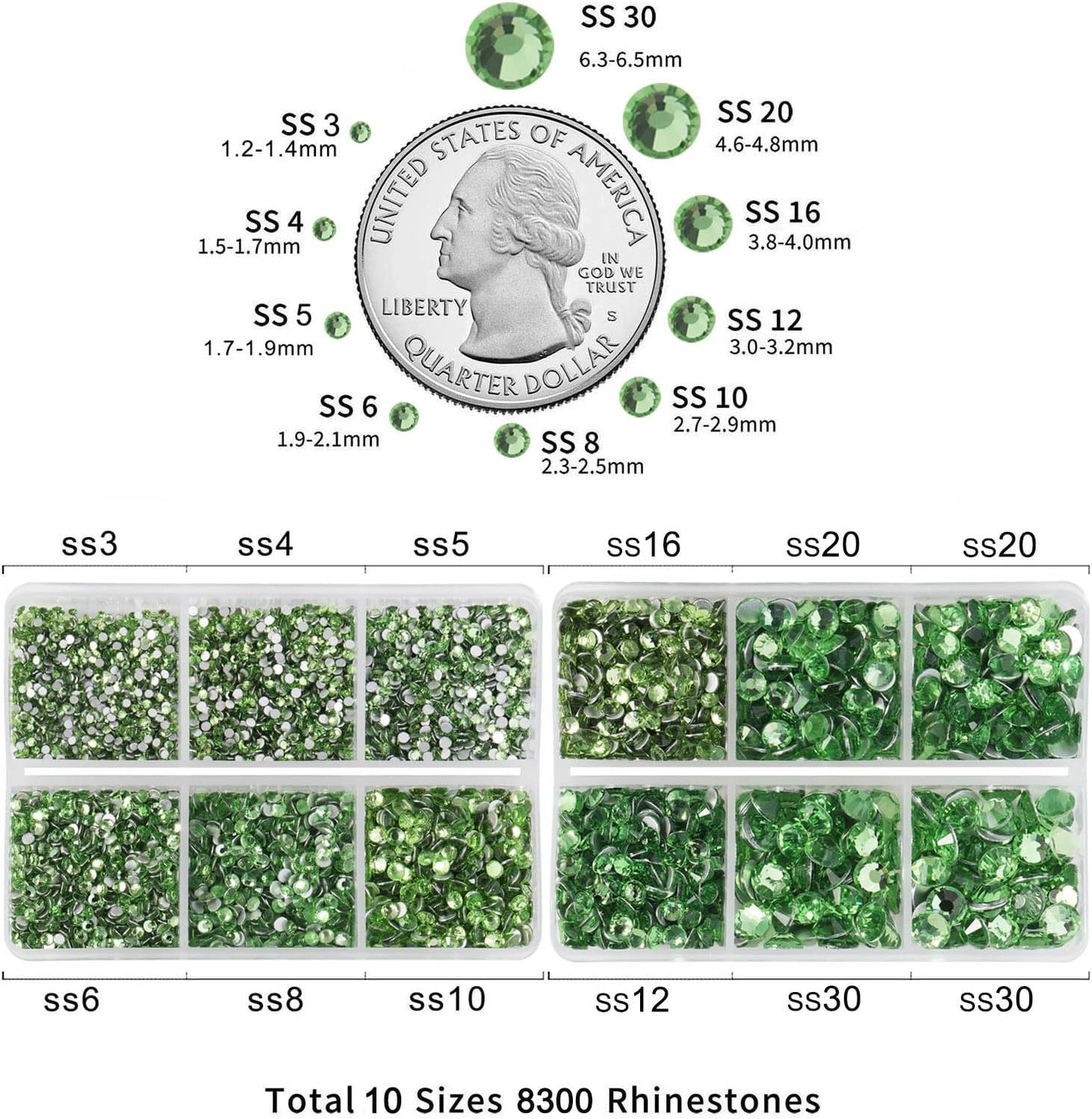 Beadsland 8300PCS Flatback Rhinestones, Light Green Rhinestone Nail Gems Round Crystal Rhinestones for Crafts, Mixed 10 Sizes with Wax Pencil and Tweezer Kit, SS3-SS30, Peridot