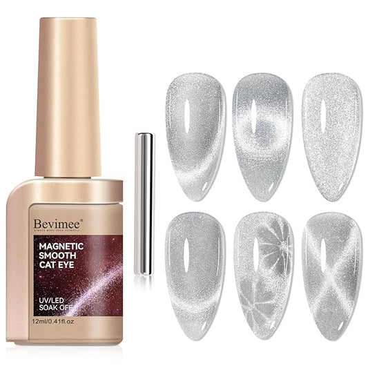 Cat Eye Gel Nail Polish, Silver Glitter Magnetic Cat Eye Nails With Magnet Stick, For Holographic Shimmer Cateye Effect, UV Velvet Nail Art Manicure Salon DIY Home, 12ML