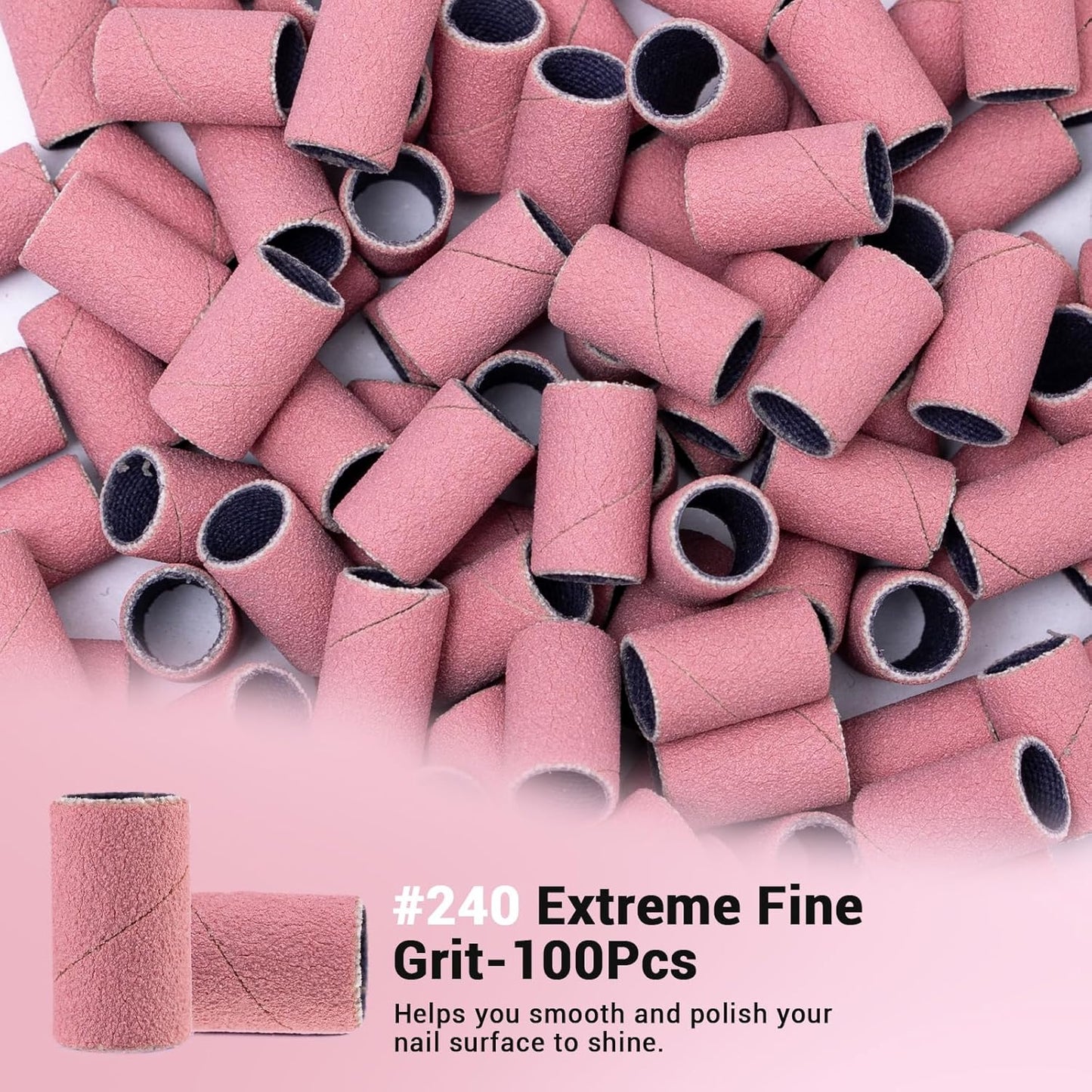 MelodySusie 100 Pcs Nail Drill Bits Sanding Bands for Nail Drill 240 Extreme Fine Grit Nail File Sanding Bands for Acrylic Nails Gel Manicures and Pedicure, Pink