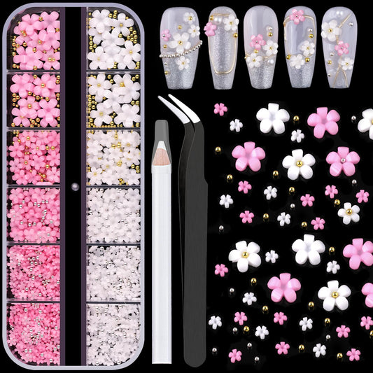 BELLEBOOST 3D Nail Flowers Charms,White Pink Acrylic Flower with Caviar Beads,Rhinestones for Nails 3D Nail Charms for Acrylic Nails for Manicure Salon DIY Nail Art Decor with Pickup & Dotting Tools