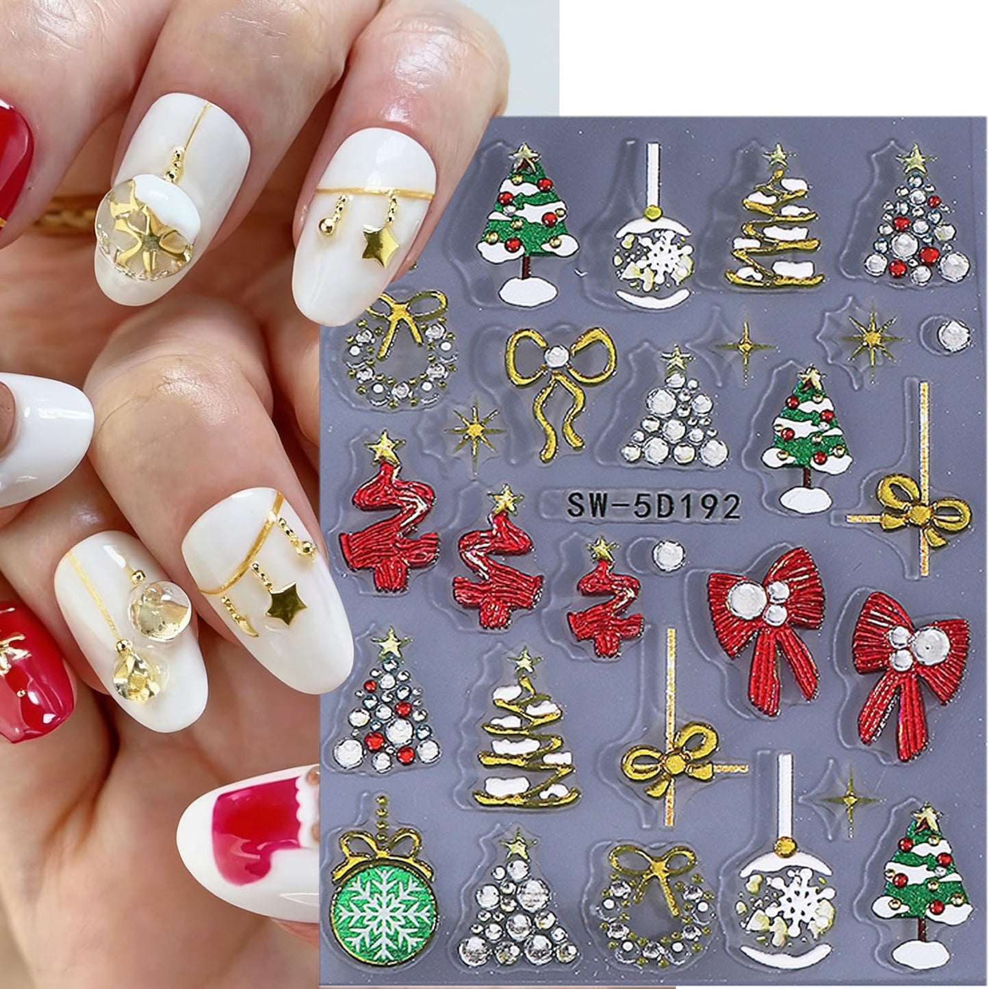 2 Sheets Christmas Nail Stickers for Nail Art Gold Snowflake Ball Nail Art Stickers Embossed Snow Christmas Tree Nail Decals 5D Self-Adhesive New Year Red Bow Xmas Wreath Nail Design Decals for Women