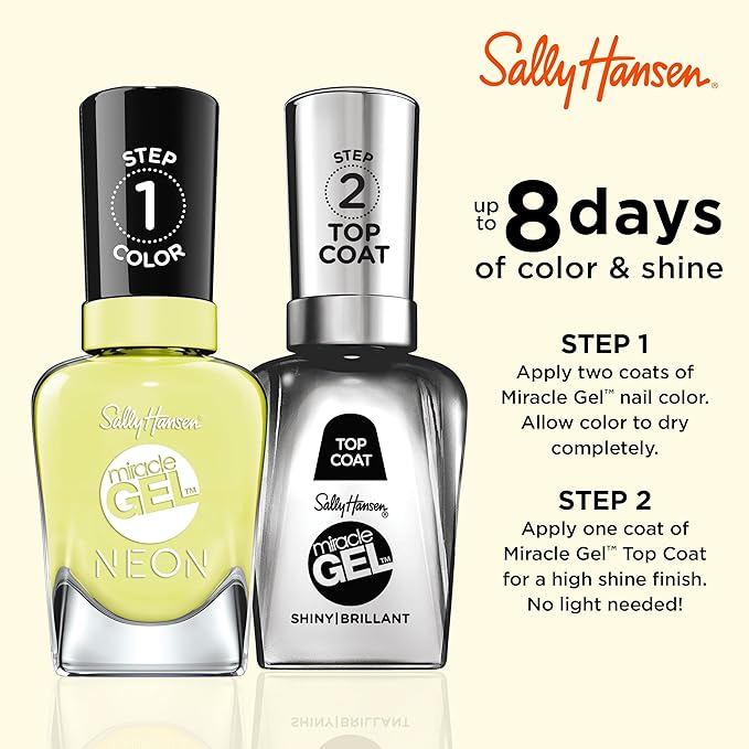 Sally Hansen Miracle Gel Neons Salon Quality Nail Polish | Gel-Like Formula, Two-Step System, No UV Light Needed, Long Lasting | Opaque | 55 Lemon-chillo | Neon Lemon Yellow Nail Color