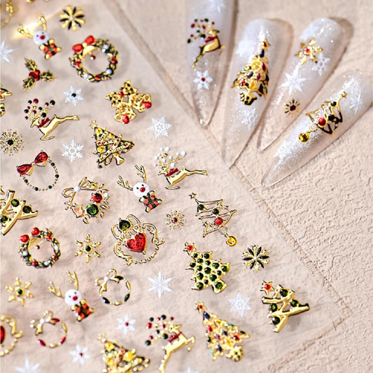 1 Sheets Shining Christmas Nail Art Stickers 5D Embossed Christmas Tree Nail Stickers Wreath Christmas Elements with Rhinestones Nail Decals Acrylic Nail Supplies for Women Girls DIY Nail Salons