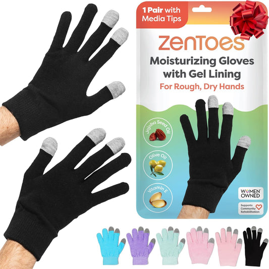 ZenToes Moisturizing Gloves for Dry Hands, Gel Infused with Jojoba Seed Oil, Olive Oil and Vitamin E, Overnight Hand Moisturizer (Large, Cotton Black)