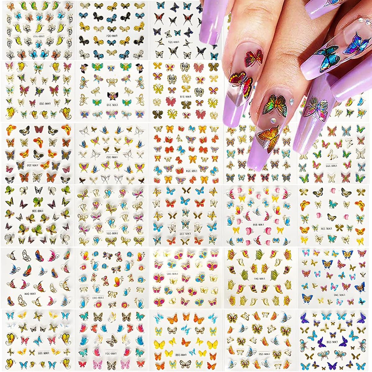 30 Sheets Butterfly Nail Art Stickers 3D Self-Adhesive Colorful Butterfly Nail Decals Cute Nail Accessories for Women Girls DIY Acrylic Nail Art Decorations