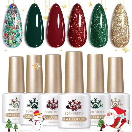 Born Pretty Christmas Gel Nail Polish Sparkle Glitter Green Red Gold Fall Winter Gel Polish Dark Green Burgundy Wine Red Gel Polish Set Nail Art Design Christmas Gift